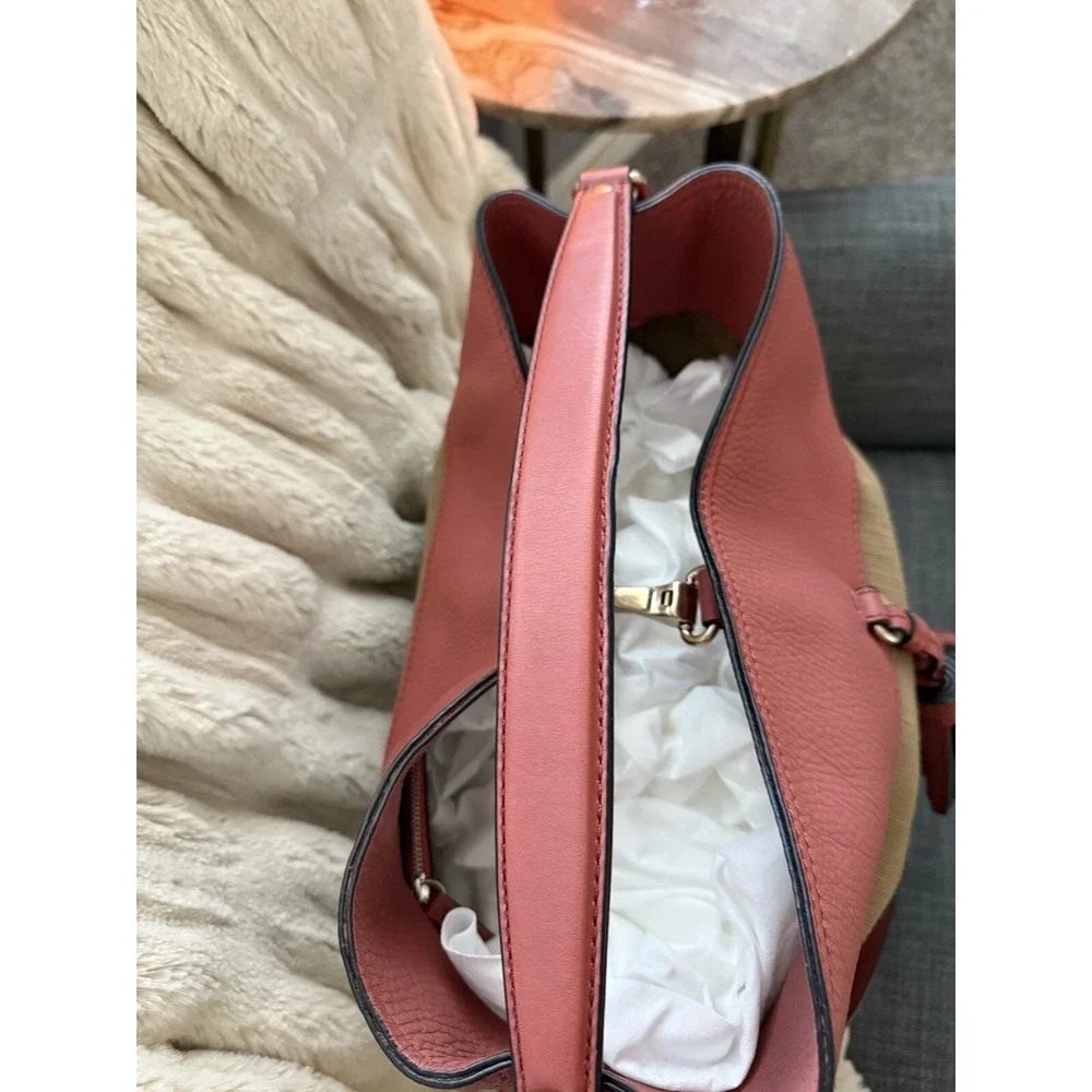 Burberry Grainy Calfskin Canvas Mega Check Medium Ashby Tassel Hobo Pink‎